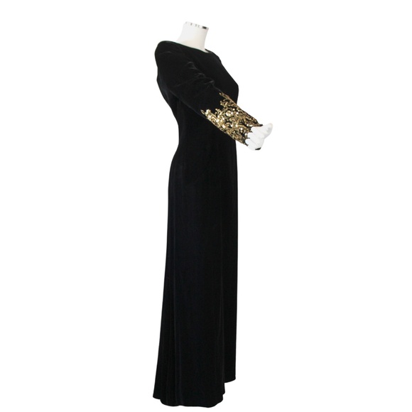VINTAGE 1980s Victor Costa Velvet Gown | Rear Deep-v | Sequin Design - Size 8 - Picture 4 of 8